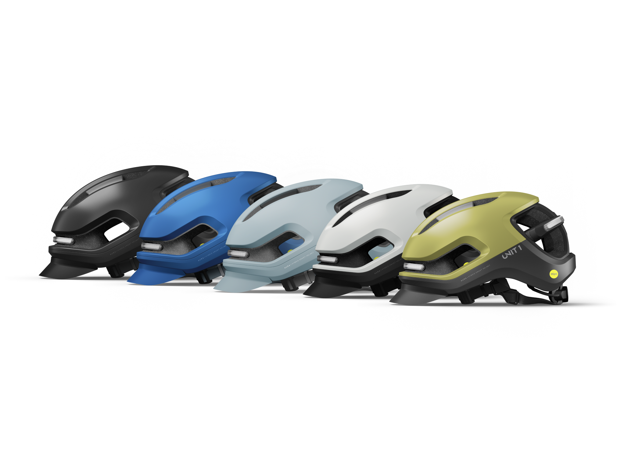 Five helmets in black, blue, light blue, white, and green colors.