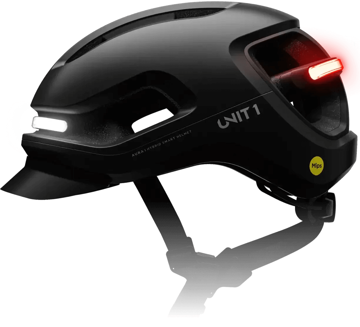 Black smart helmet with front and rear lights, labeled 'Unit 1' and 'Mips'.