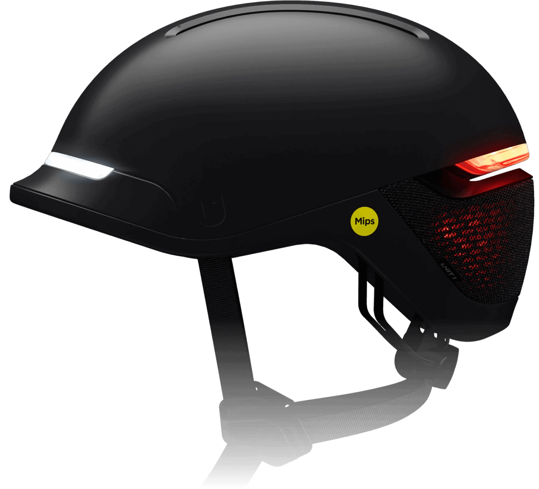 Black helmet with front and rear lights, labeled 'Mips'.