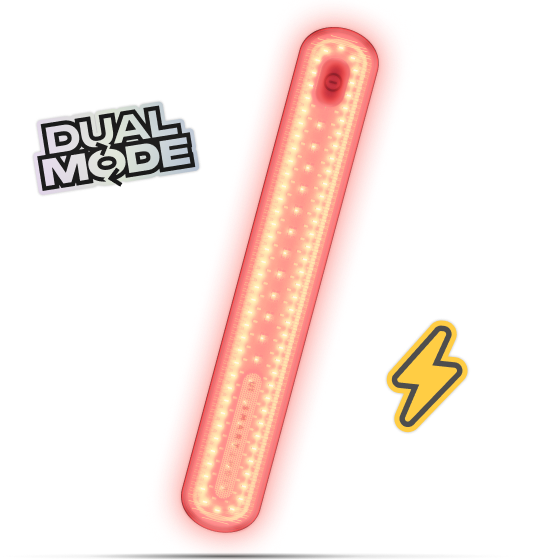 Roter LED-Lichtbalken mit dem Text "Dual Mode" und einem Blitzsymbol.