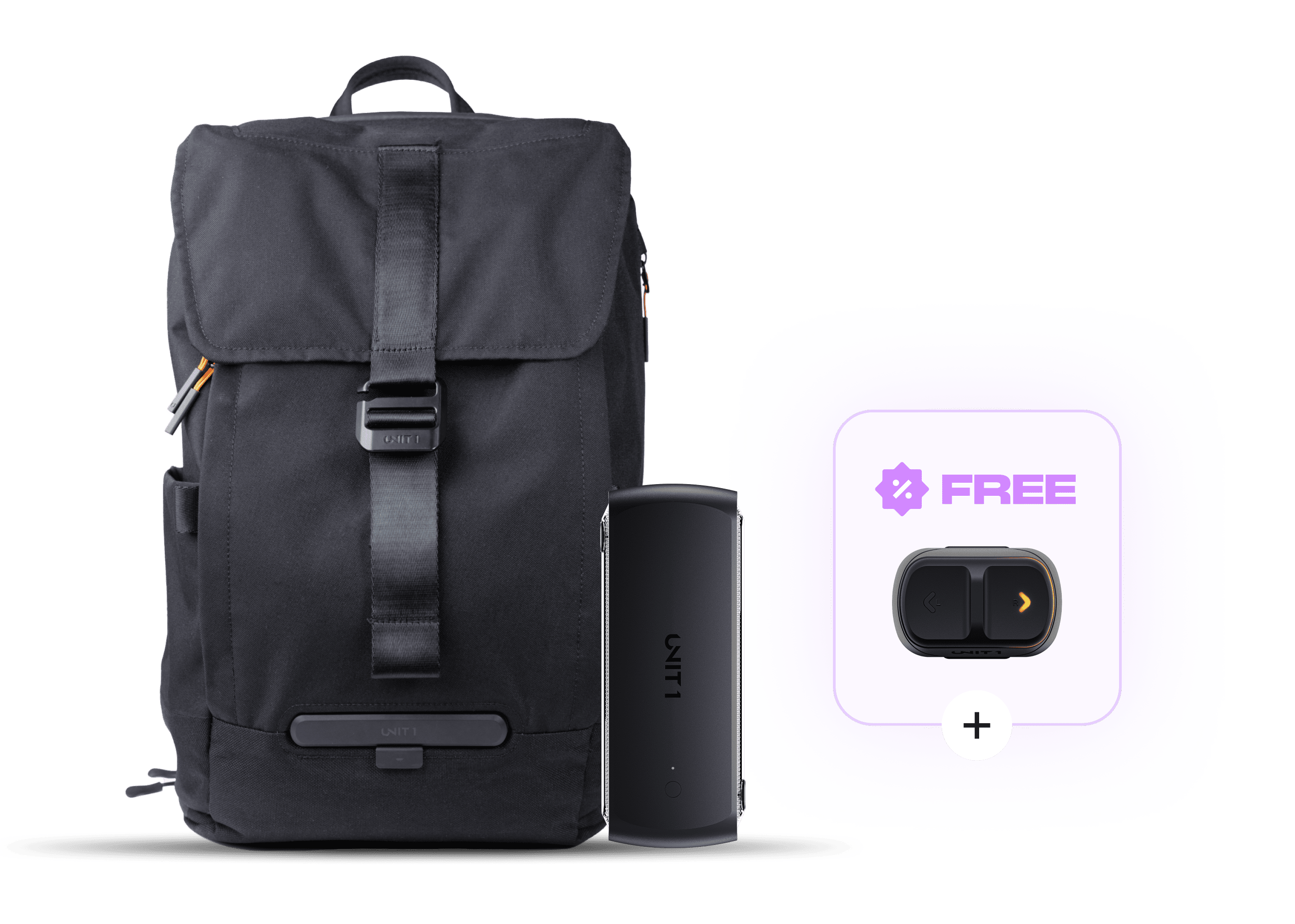 Black backpack, a rectangular device, and a free item offer on the right.