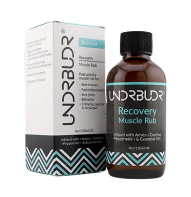 A bottle and box labeled 'Recovery Muscle Rub' with graphic design elements.