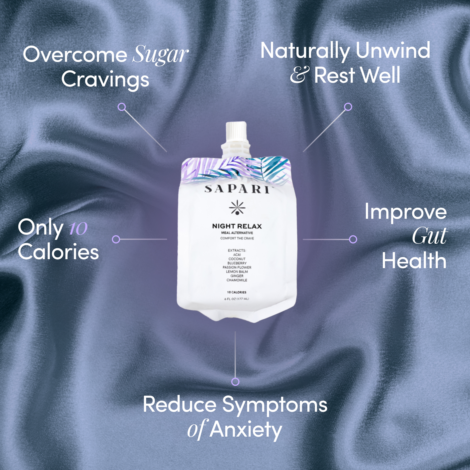 Product pouch on silky fabric with health benefits text around it.