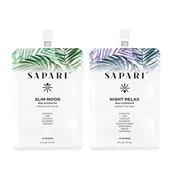 Two white pouches labeled 'Sapari' with green and purple leaf designs.