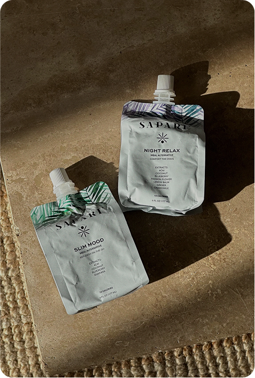 Two pouches labeled 'Slim Mood' and 'Night Relax' on a textured surface.