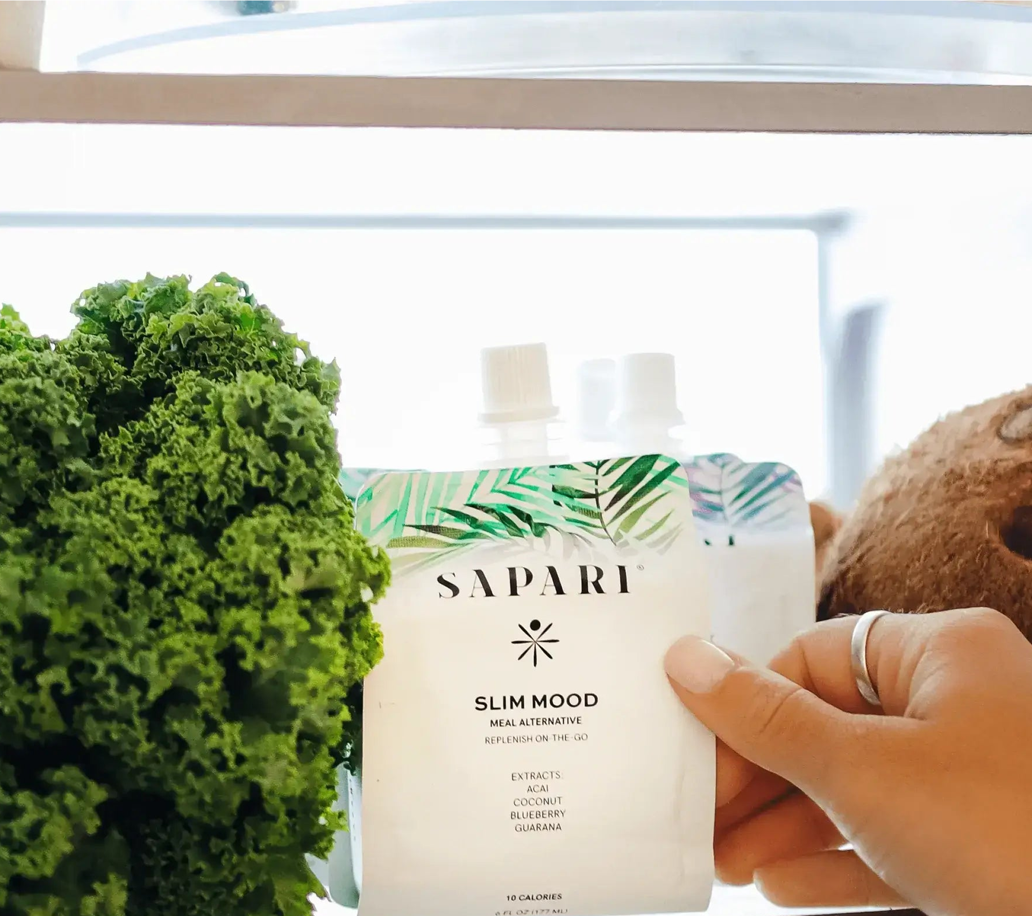 Hand holding a meal alternative pouch near kale and a coconut.