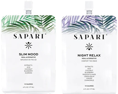 Two SAPARI meal alternative pouches labeled 'Slim Mood' and 'Night Relax' with leaf designs.