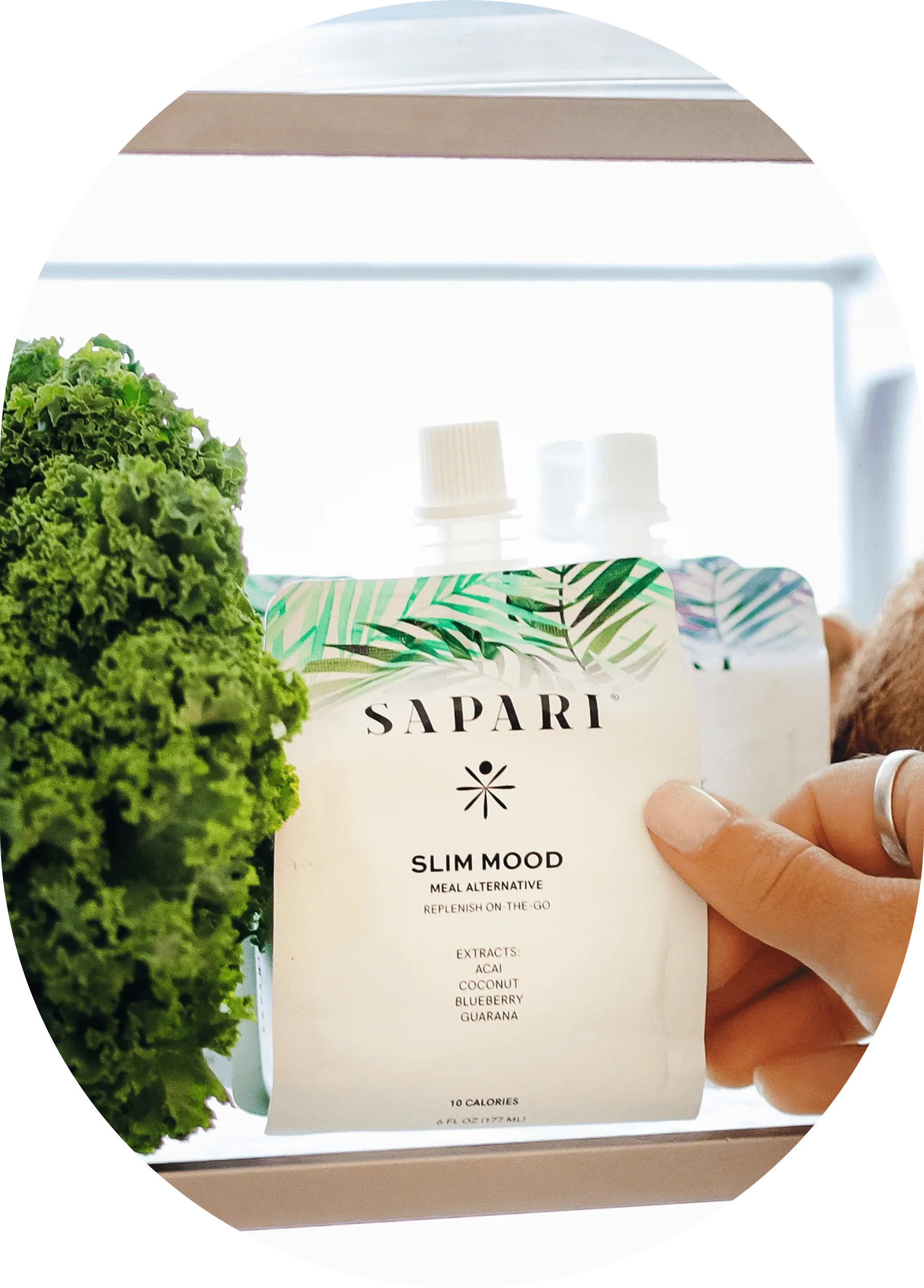 Hand holding a meal alternative pouch labeled 'Slim Mood' next to leafy greens.