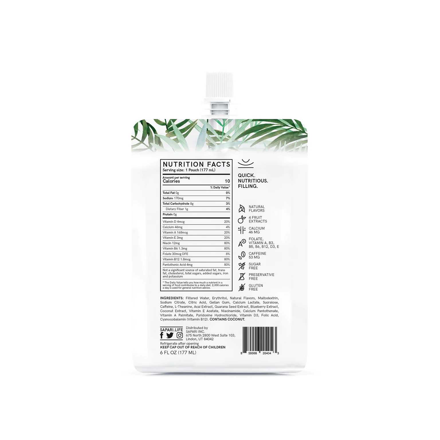 Back of a nutrition pouch with nutritional facts and ingredients list.