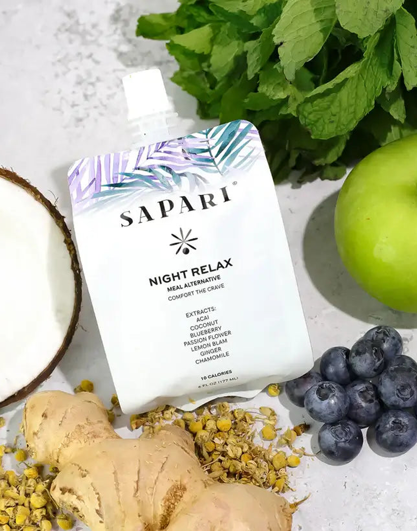 Packet labeled 'Sapari Night Relax' with fruits and herbs on a white surface.