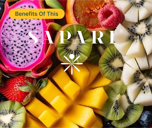 Assorted sliced fruits including dragon fruit, kiwi, mango, and berries with 'SAPARI' text overlay.