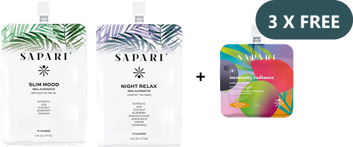 Three SAPARI product pouches with a '3 X FREE' label.