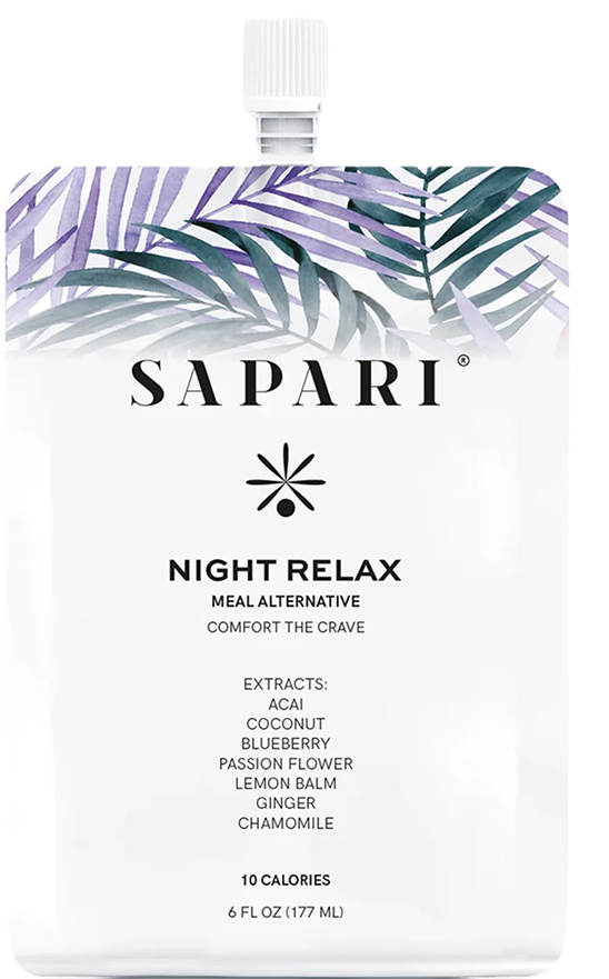 Pouch labeled 'Sapari Night Relax' with leaf design and ingredient list.