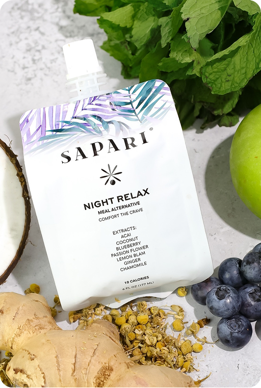 A pouch labeled 'Sapari Night Relax' surrounded by fruits and herbs.