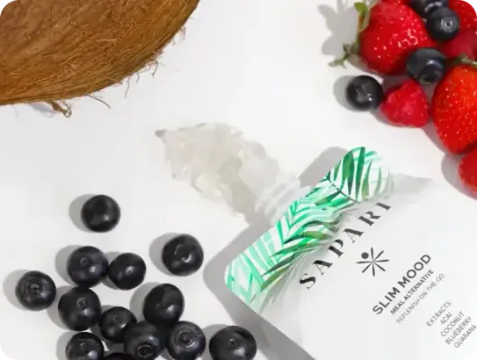 Pouch of Sapari Slim Mood with berries, coconut, and blueberries.
