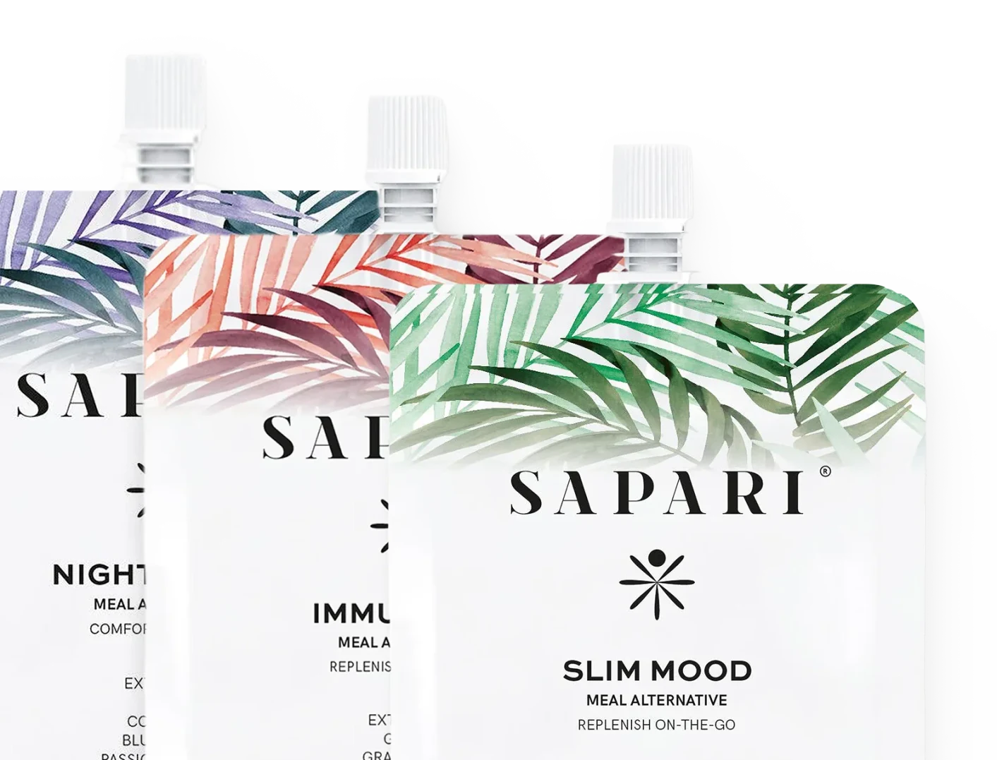 Three Sapari meal alternative pouches with colorful leaf designs.