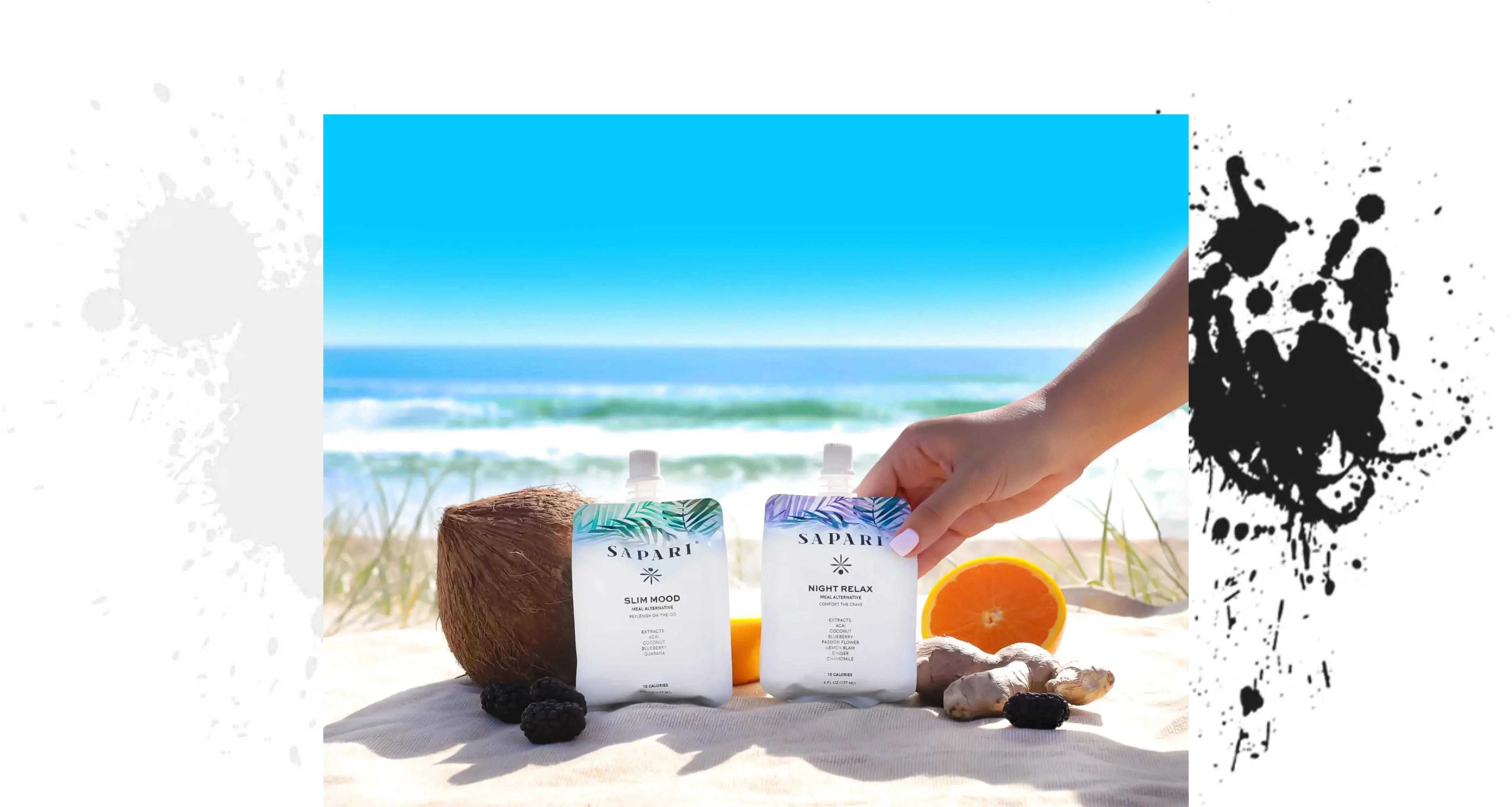 Hand holding pouches with fruits and ocean in the background.
