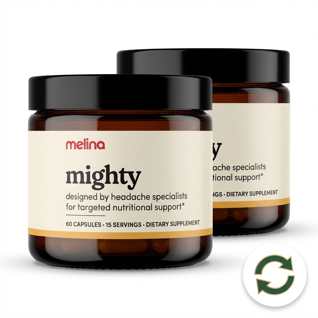 Two brown jars of Melina Mighty dietary supplement against a white background with a green circular arrow icon.