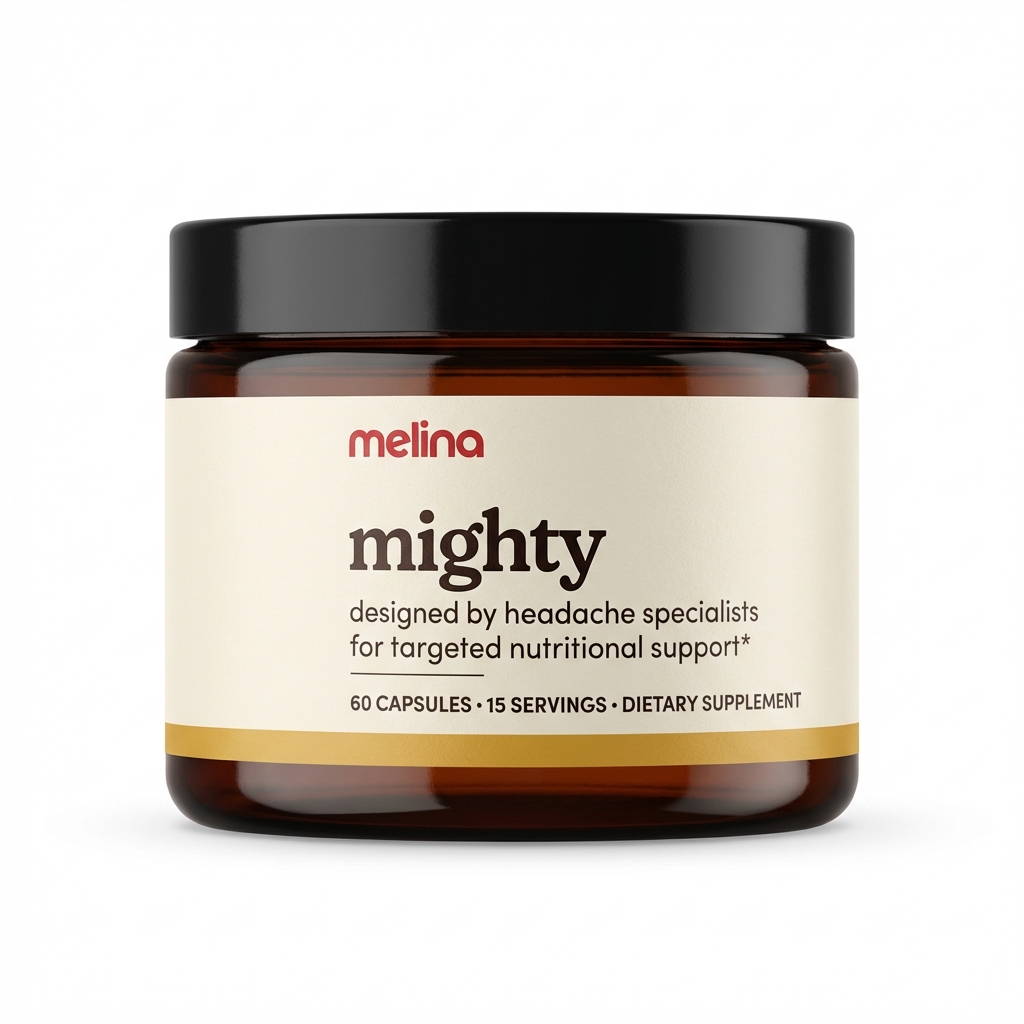 An amber glass jar of Melina Mighty dietary supplement against a white background.