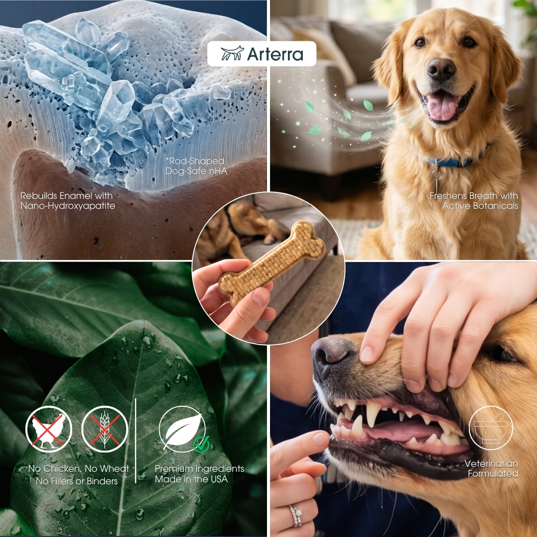 A collage of images showing a happy dog, a bone-shaped treat, and close-ups of a dog's teeth.