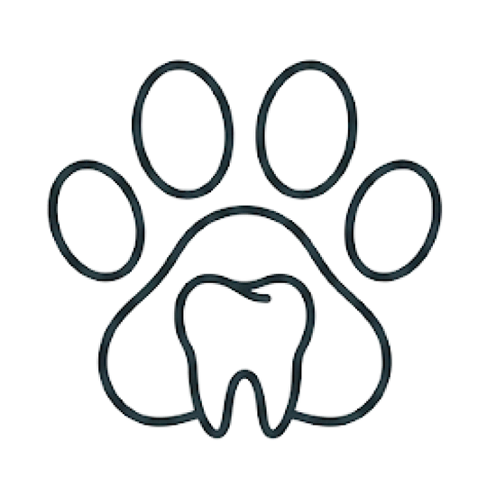 A line drawing combining a paw print and a tooth, likely a logo for a veterinary dentist.