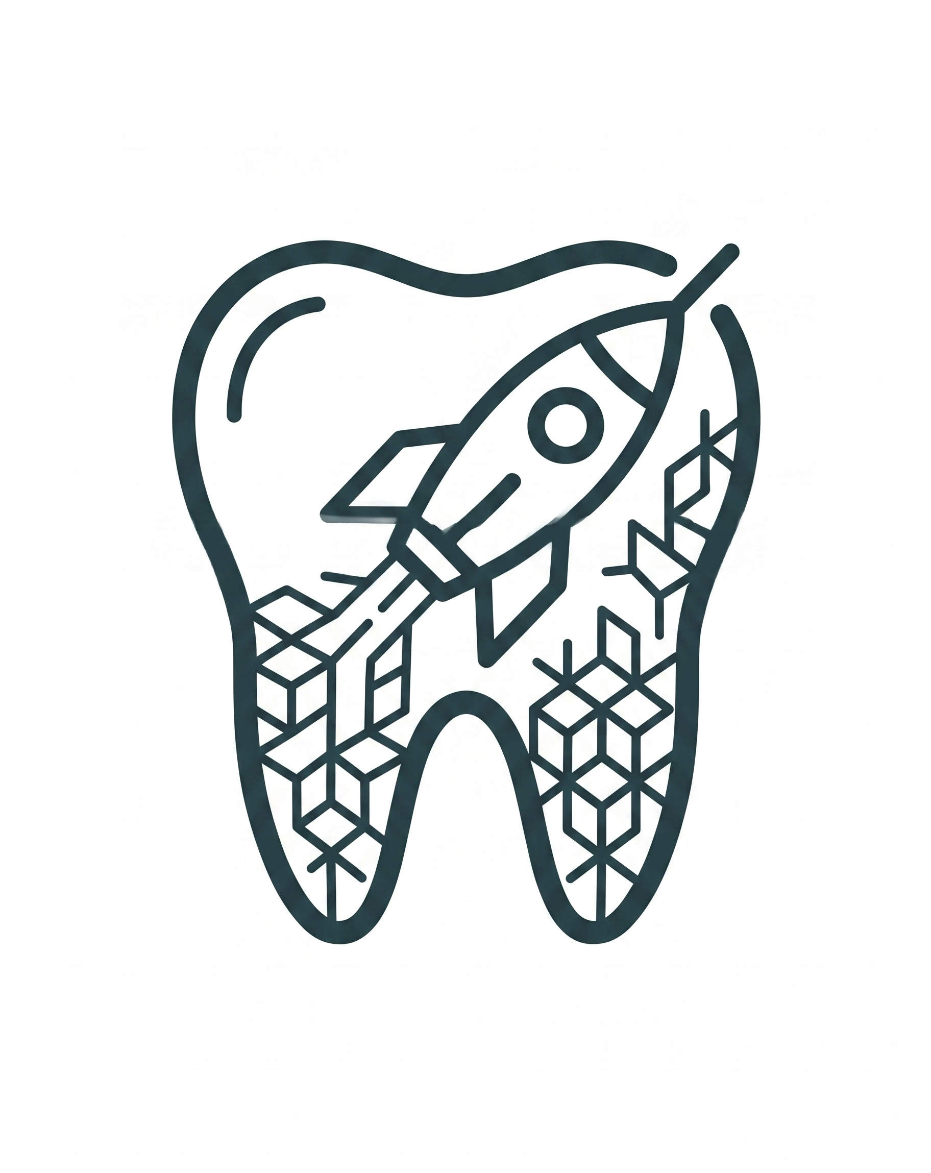 A line drawing of a molar tooth with a rocket launching from a geometric pattern inside it.