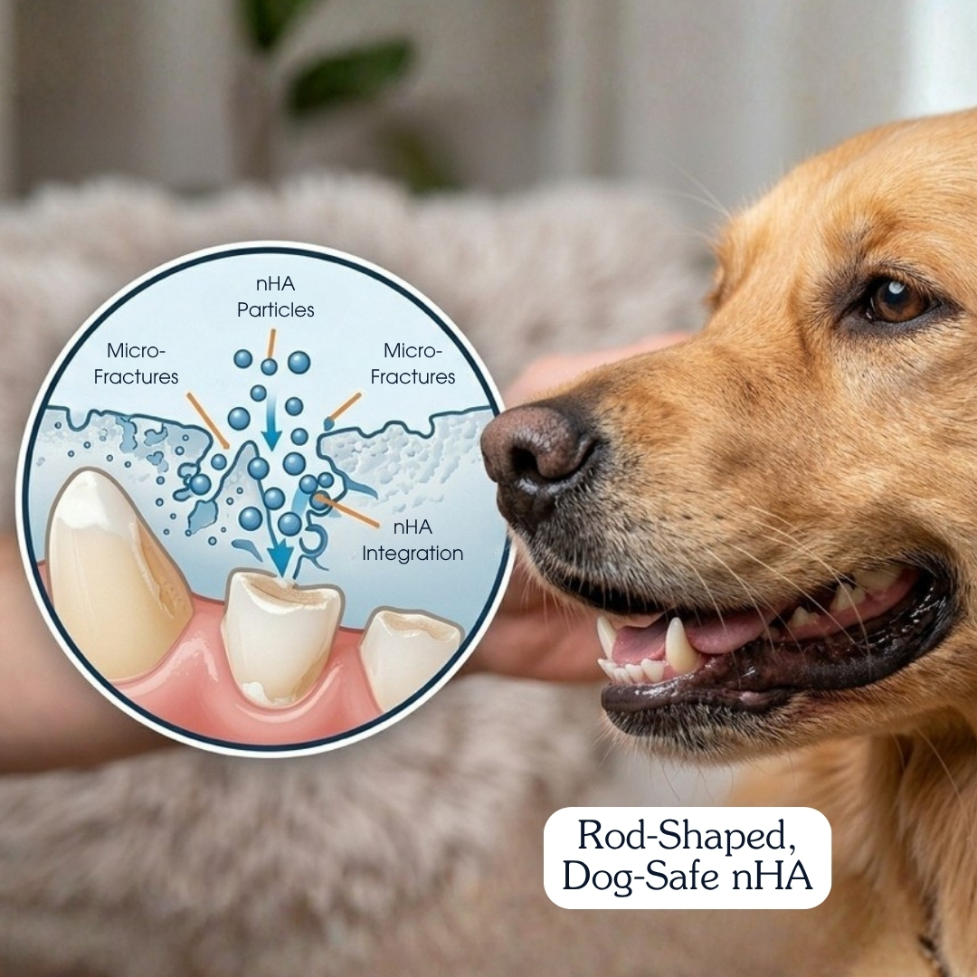 A dog next to a diagram showing how nHA particles integrate into micro-fractures in teeth.