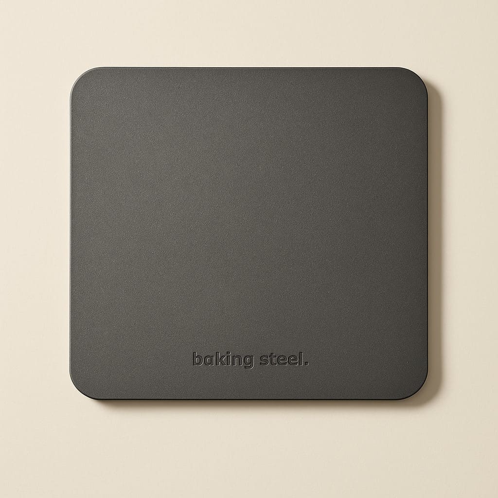 Square baking steel with rounded corners on a beige background.