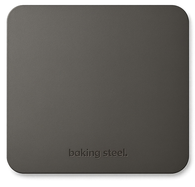 Square baking steel with rounded corners and embossed text 'baking steel.'