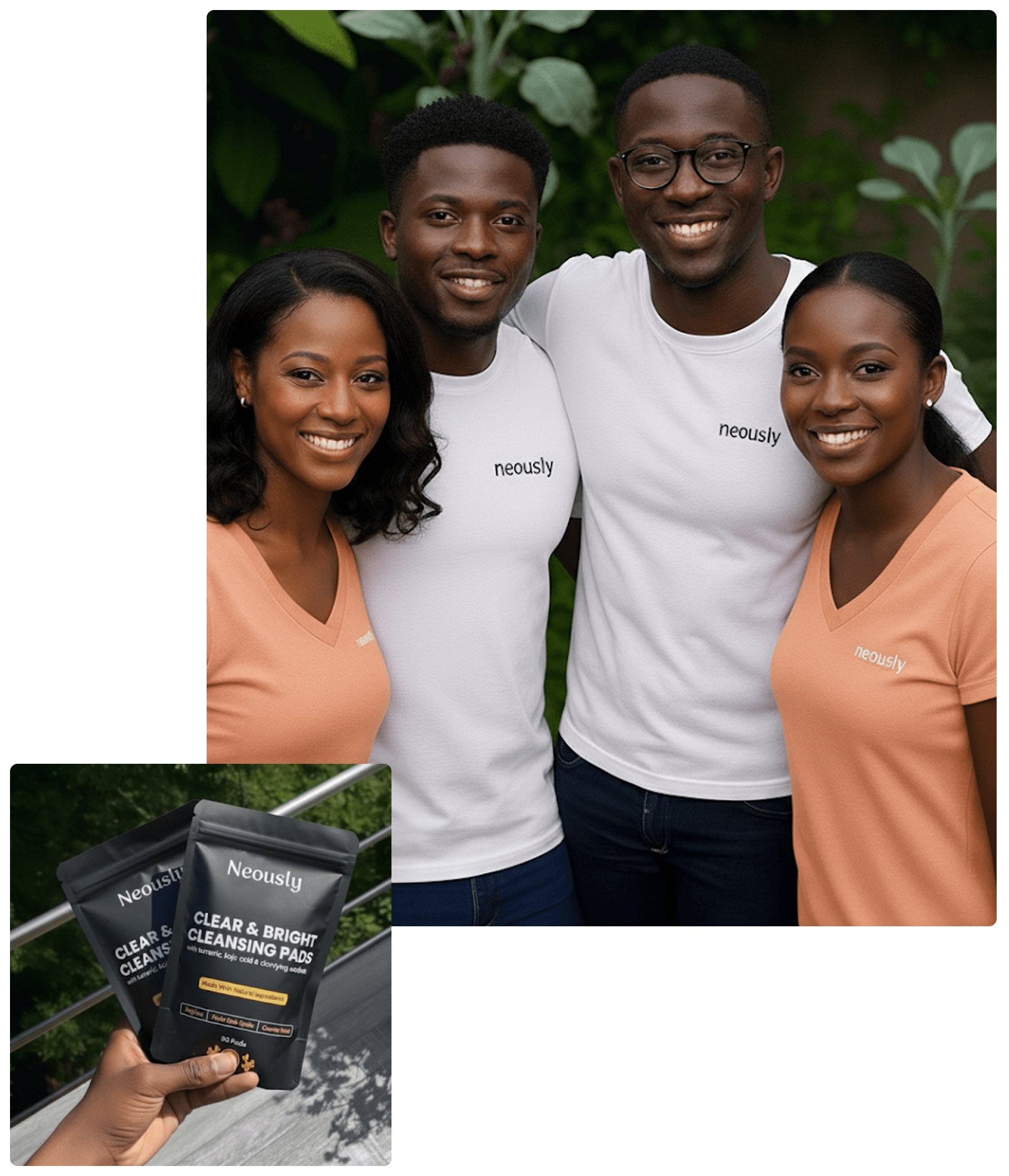 Four people smiling, wearing branded shirts; inset shows cleansing pads package.