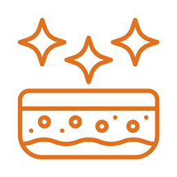 Orange line art of a sponge with sparkles above it.
