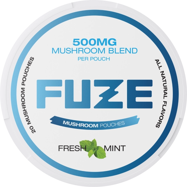 Round container labeled 'Fuze' with mushroom blend and fresh mint flavor.