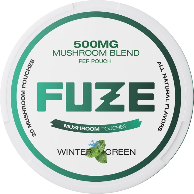 Round container labeled 'Fuze' with mushroom blend and wintergreen flavor.