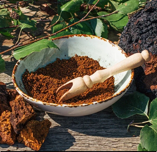 Bowl of ground brown substance with wooden scoop, surrounded by leaves and chunks of material.