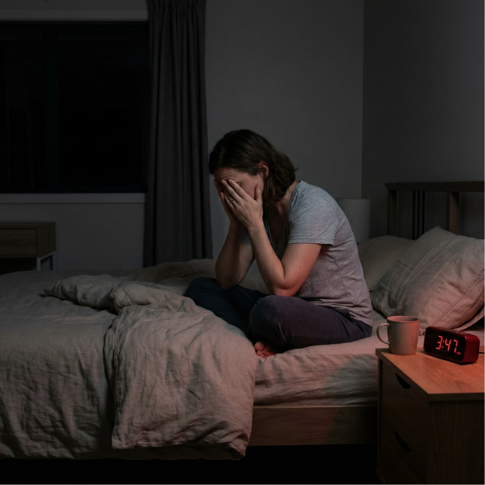 A woman sits on a bed in a dark room, covering her face. A clock reads 3:47.