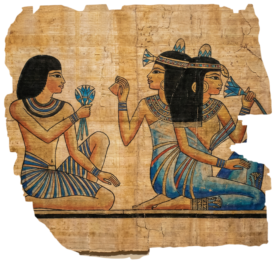 An ancient Egyptian papyrus painting of a seated man and two seated women holding blue lotus flowers.