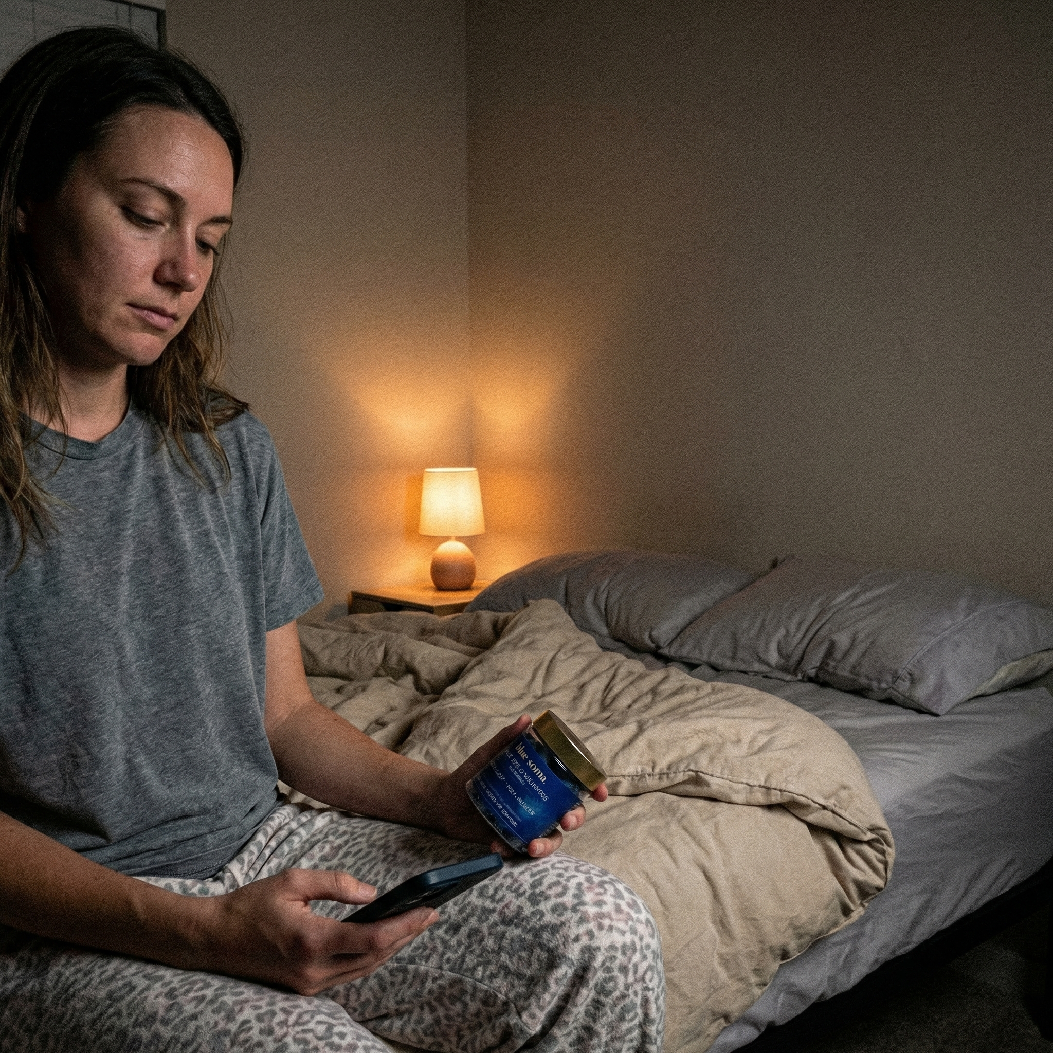 A woman in pajamas sits on a bed, looking down at her phone while holding a blue jar.