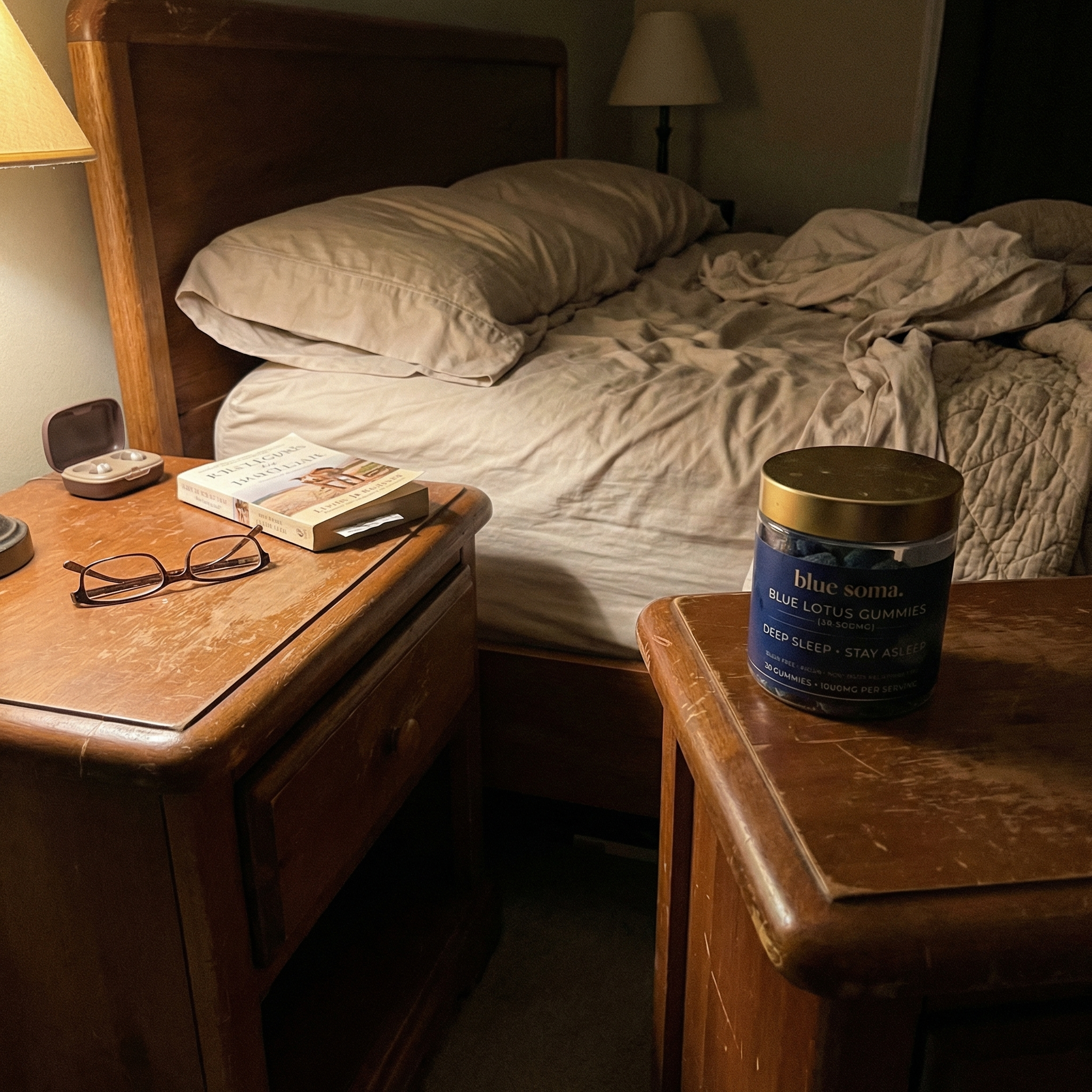 A woman in pajamas sits on a bed, looking down at her phone while holding a blue jar.