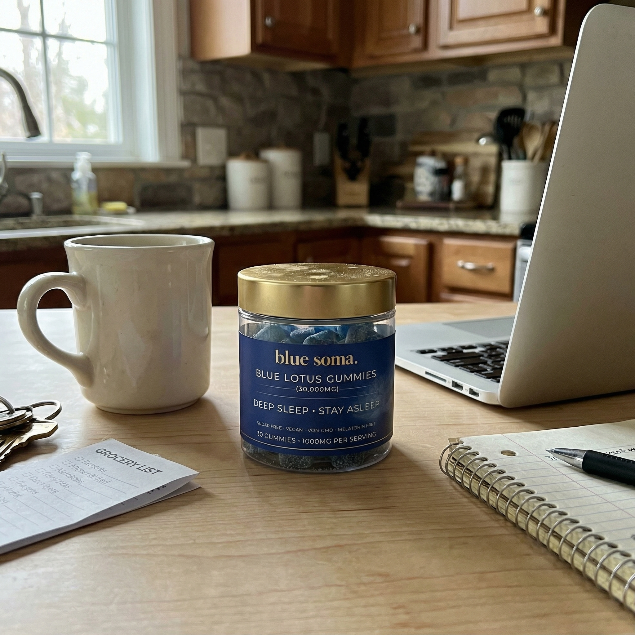 A jar of Blue Soma Blue Lotus Gummies on a kitchen table with a laptop and a mug.