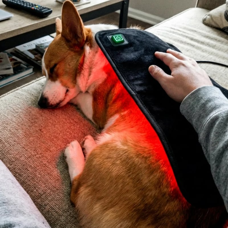 Dog resting with the red light pad