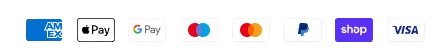 Icons of various payment methods including Amex, Apple Pay, Google Pay, Mastercard, PayPal, Shop Pay, and Visa.