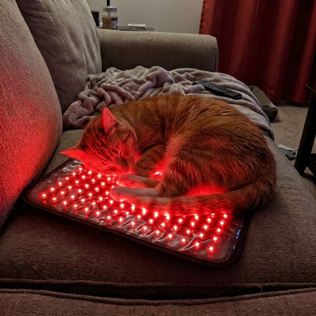 An orange tabby cat is curled up and sleeping on a glowing red light pad on a couch.