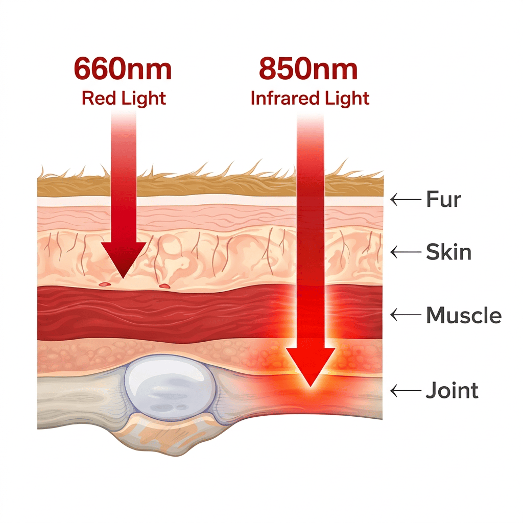 Diagram showing 660nm and 850nm light penetrating fur, skin, muscle and joint.