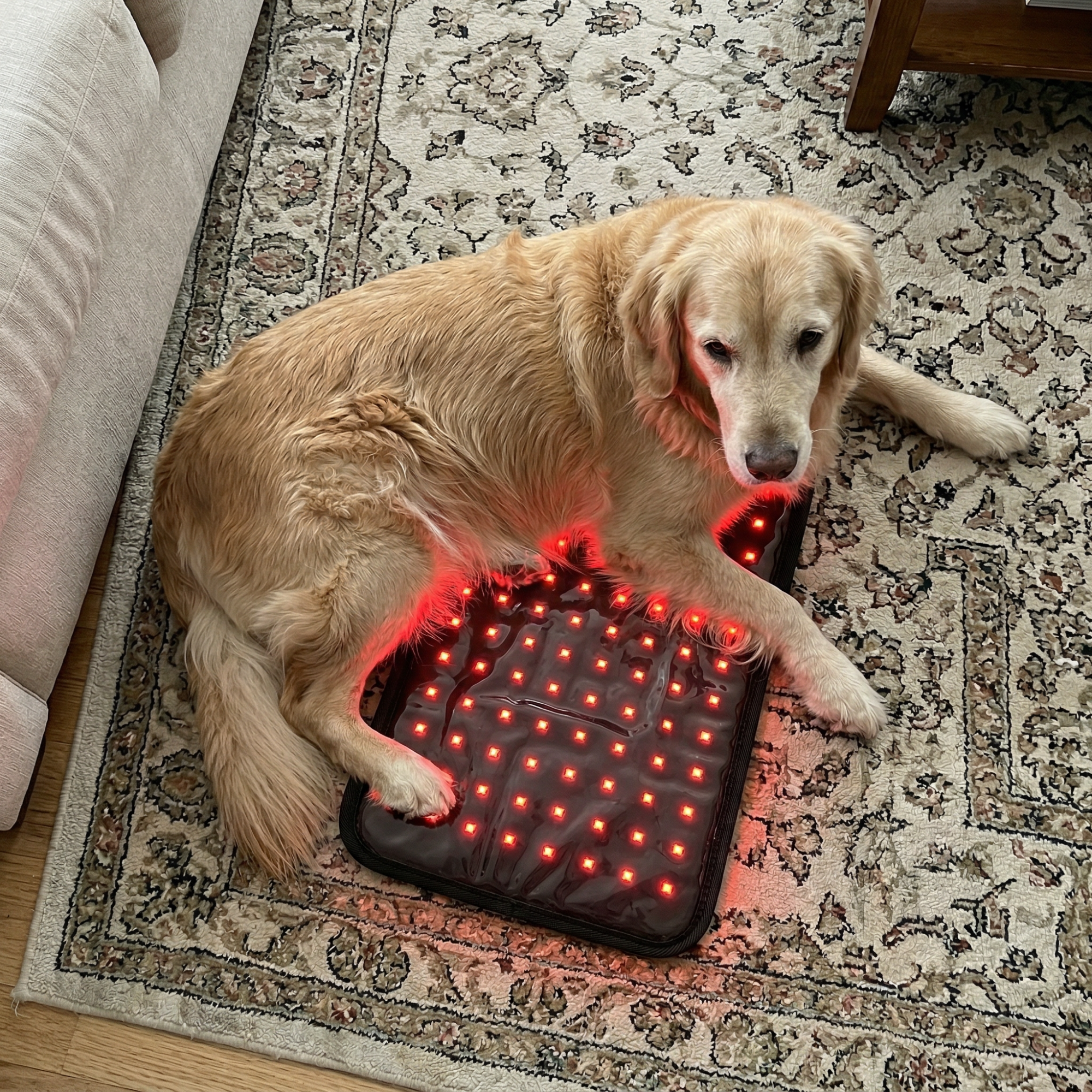 An overhead shot of a golden retriever lying on a red light therapy mat on a patterned rug.