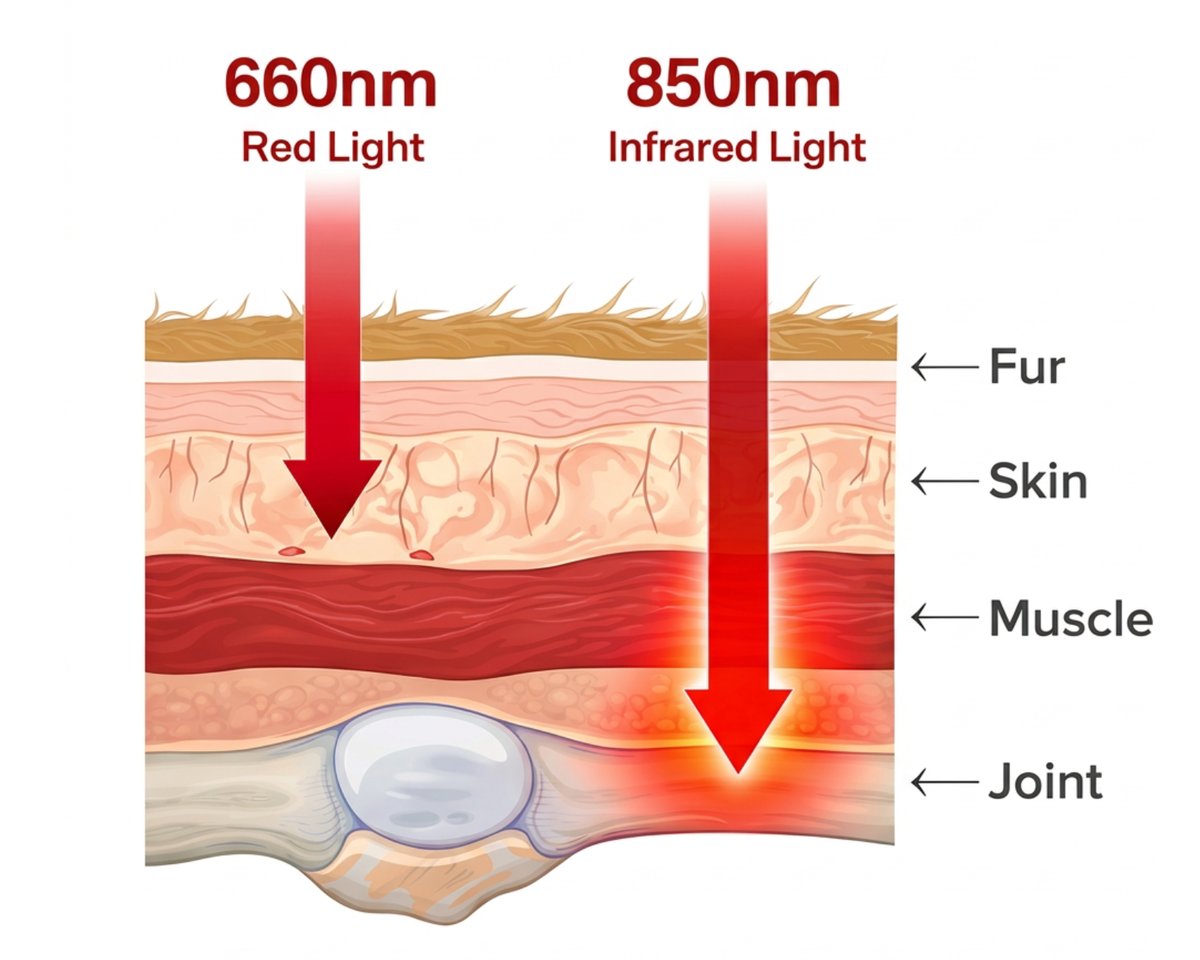 Diagram showing 660nm and 850nm light penetrating fur, skin, muscle and joint.