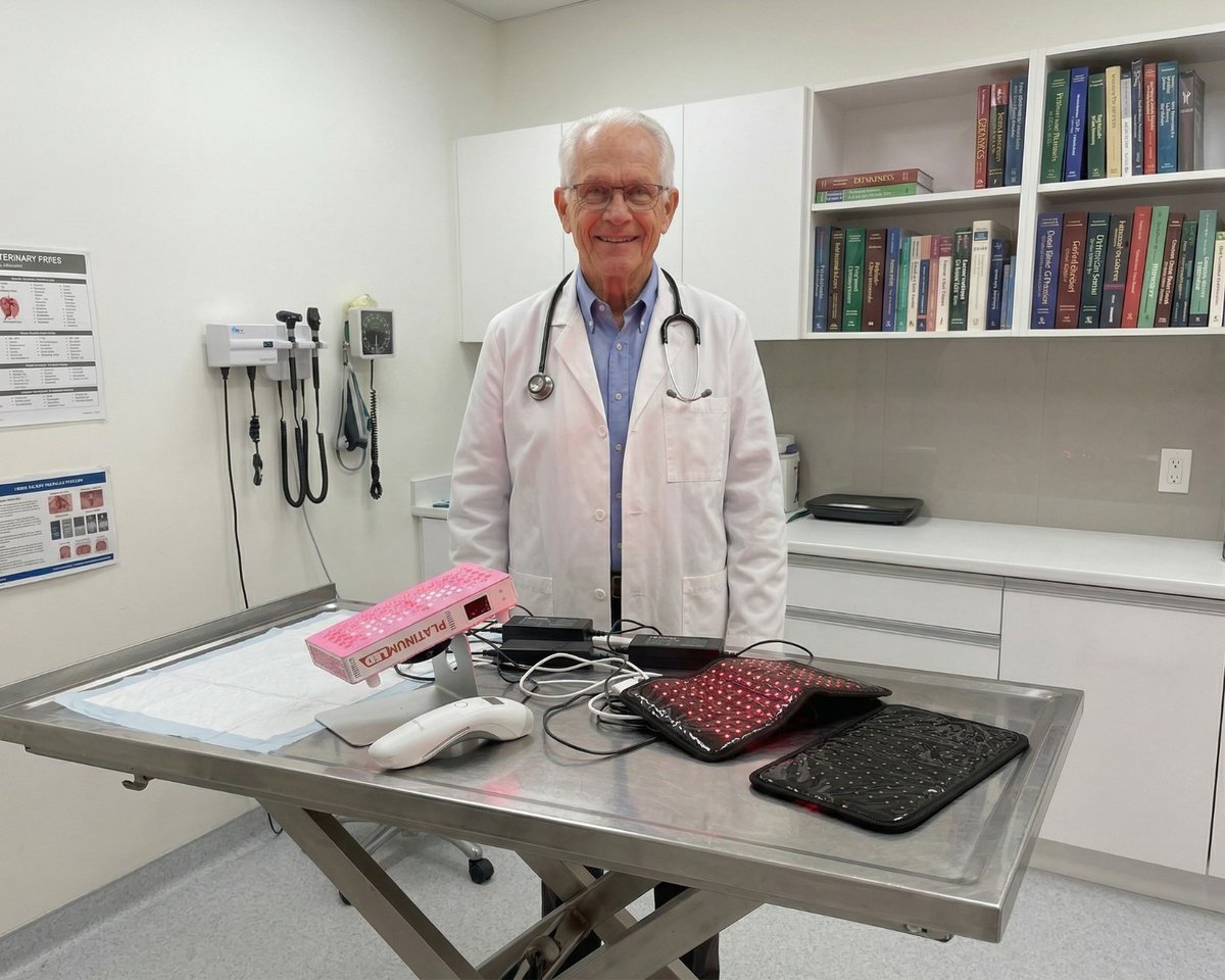 Dr. James Mitchell standing in an exam room with red light therapy devices on the table.