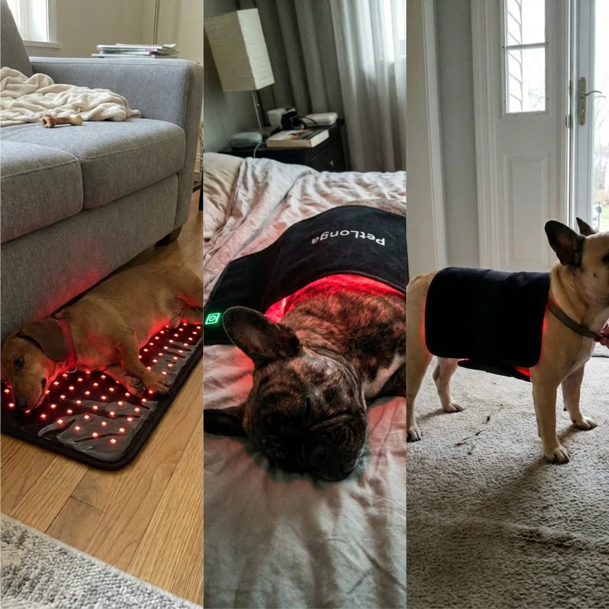 A collage of three photos showing different dogs using red light therapy mats and wraps.