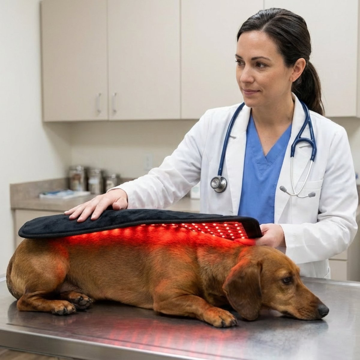 A veterinarian applies a red light therapy pad to a dachshund on an exam table.