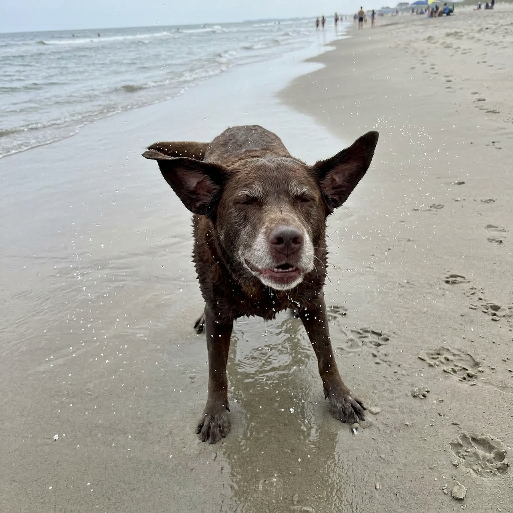 A wet, dark-colored dog shakes water from its fur while standing on a sandy beach.