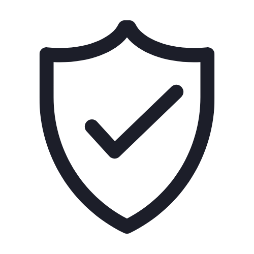 A dark gray icon of a shield with a checkmark inside, on a black background.